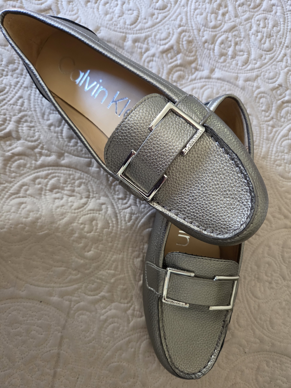 Calvin Klein Metallic Silver Leather Loafers with Buckle